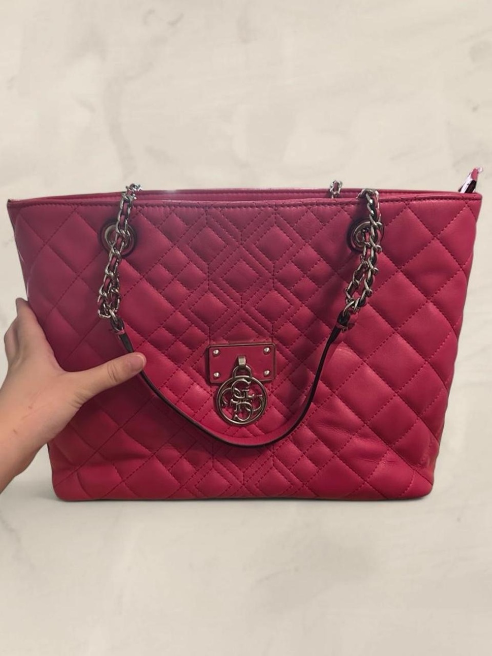 guess quilted pink tote with leopard print lining